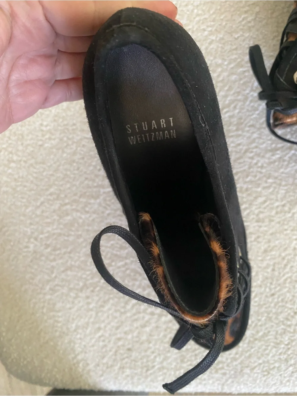 Stuart Weitzman Black Suede Platform Wedges with Leopard Accent